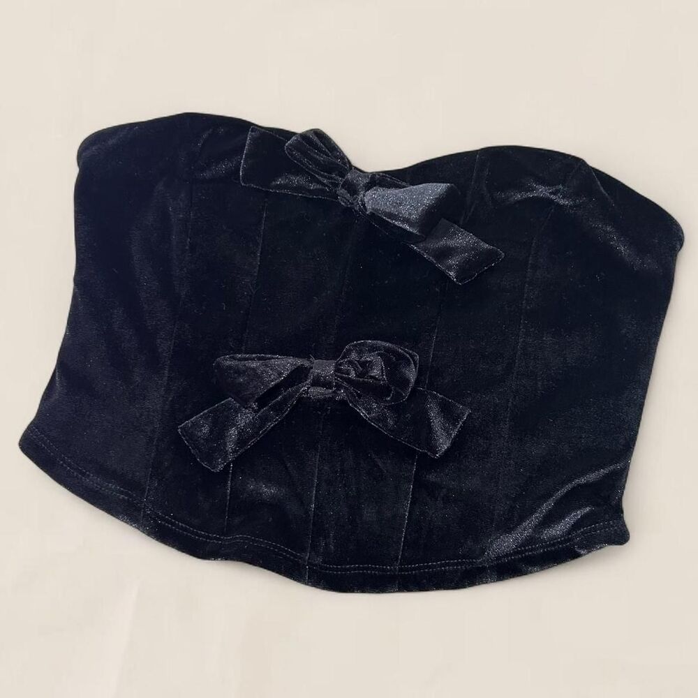 Black bow velvet strapless corset top | medium nwt coquette goth - Picture 2 of 5